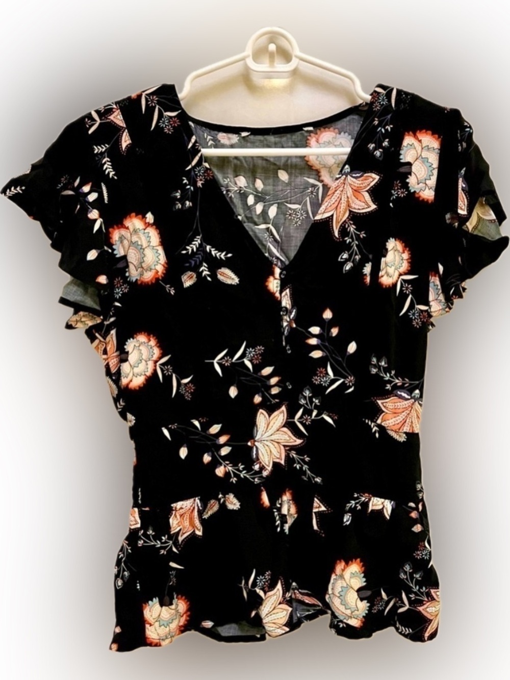 American Rag Black Floral Peplum Blouse XS Junior Whimsigoth Flutter Sleeve Top